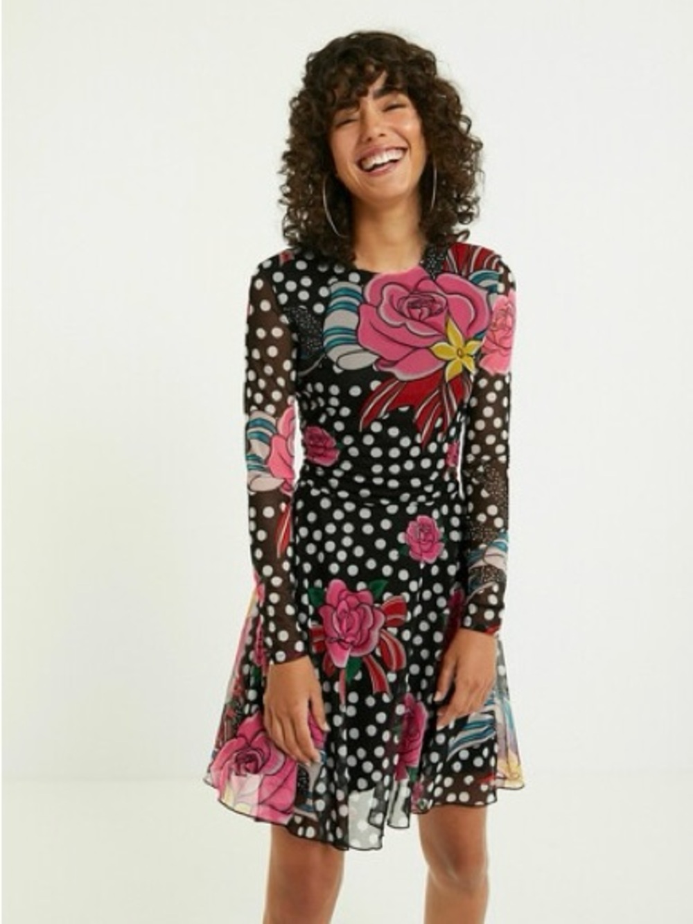 Desigual Black Mini Dress with Pink Floral and White Polka Dots